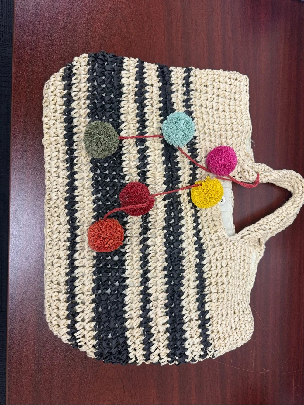 Handwoven Paper Yarn Tote Bag with Colorful Pom-Pome - Cream & Black
